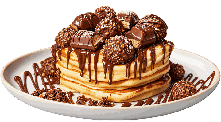 Stak fluffy pandekager med chokoladesauce, Ferrero Rocher og Kinder Bueno